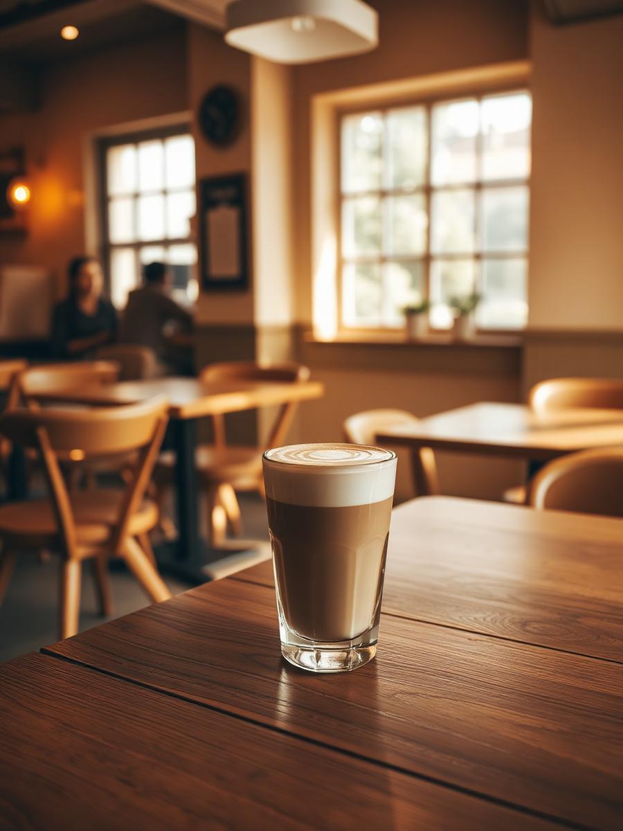 Latte on a wooden cafe table